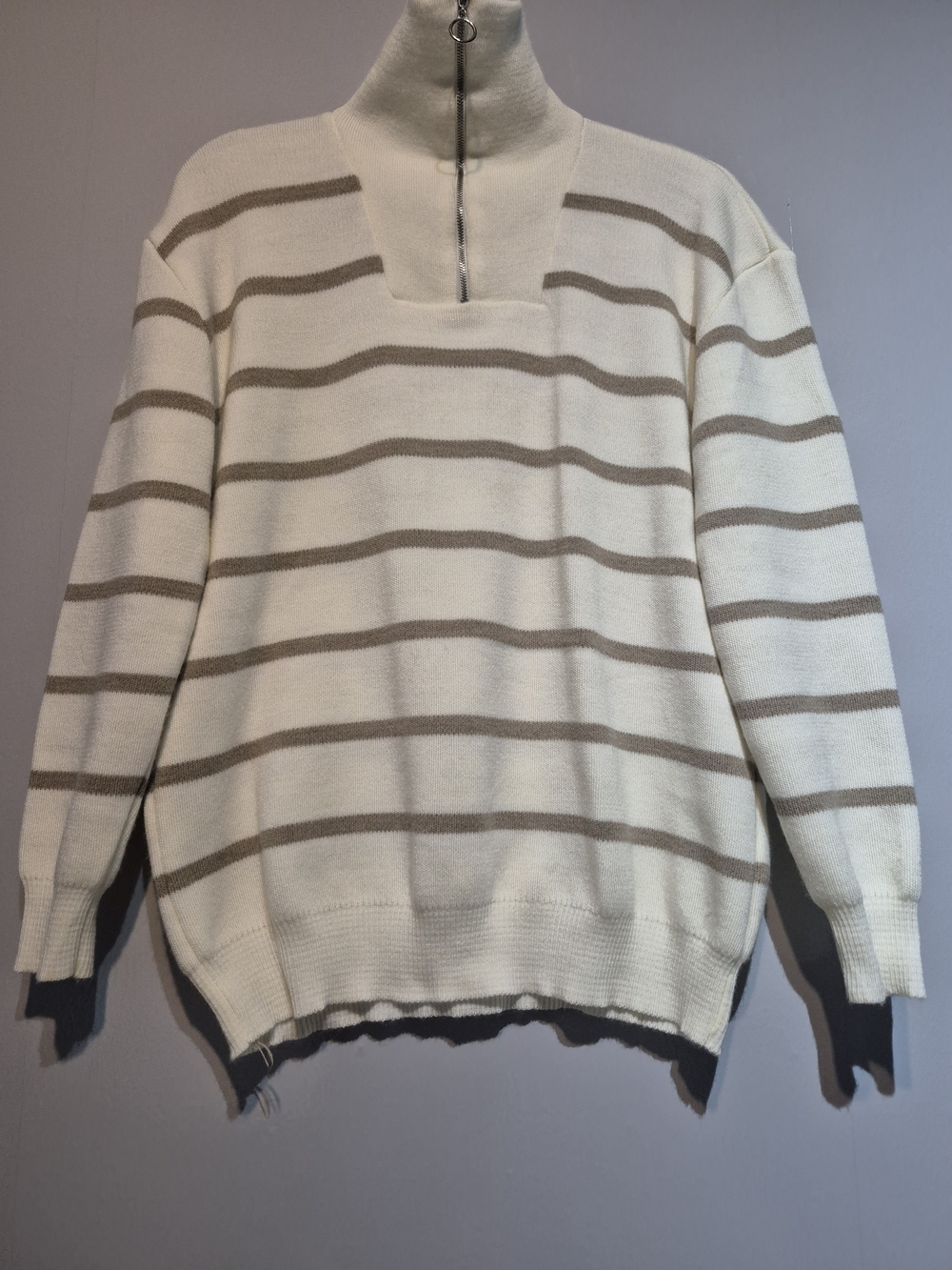 Striped Cream Zip-Neck Sweater